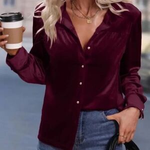 New Luxe Burgundy Velvet Button Down Oversized Shirt Top